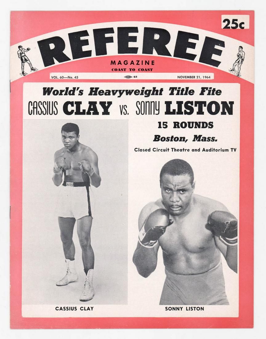 Clay/Liston Referee Magazine 11/21/64: Cassius Clay and Sonny Liston Referee Magazine, November 21, 1964. Excellent condition with no ripped or torn pages, no writing inside and no clipped pages. This lot requires a Wire or Zelle transfer.