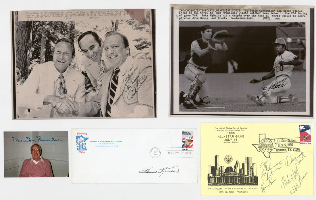 A Group of Signed Baseball Memorabilia: A group of five pieces of signed memorabilia. Includes pieces signed by Duke Snider, Harmon Killebrew, Lou Brock, Ralph Kiner and a multi-signed 1986 MLB All-Star Game cover. All five include Beckett
