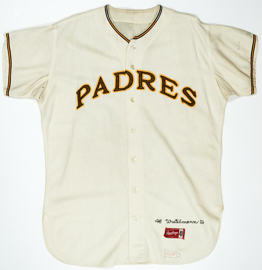 Whitey Wietelmann 1969 San Diego Padres Game: Whitey Wietelmann 1969 San Diego Padres game jersey. Labeled "Set 1 1969". EX/EX+ condition. Provenance: Estate of Thomas P. Mulcahy (Professional Baseball Player for Pittsburgh Pirates, Coach for num