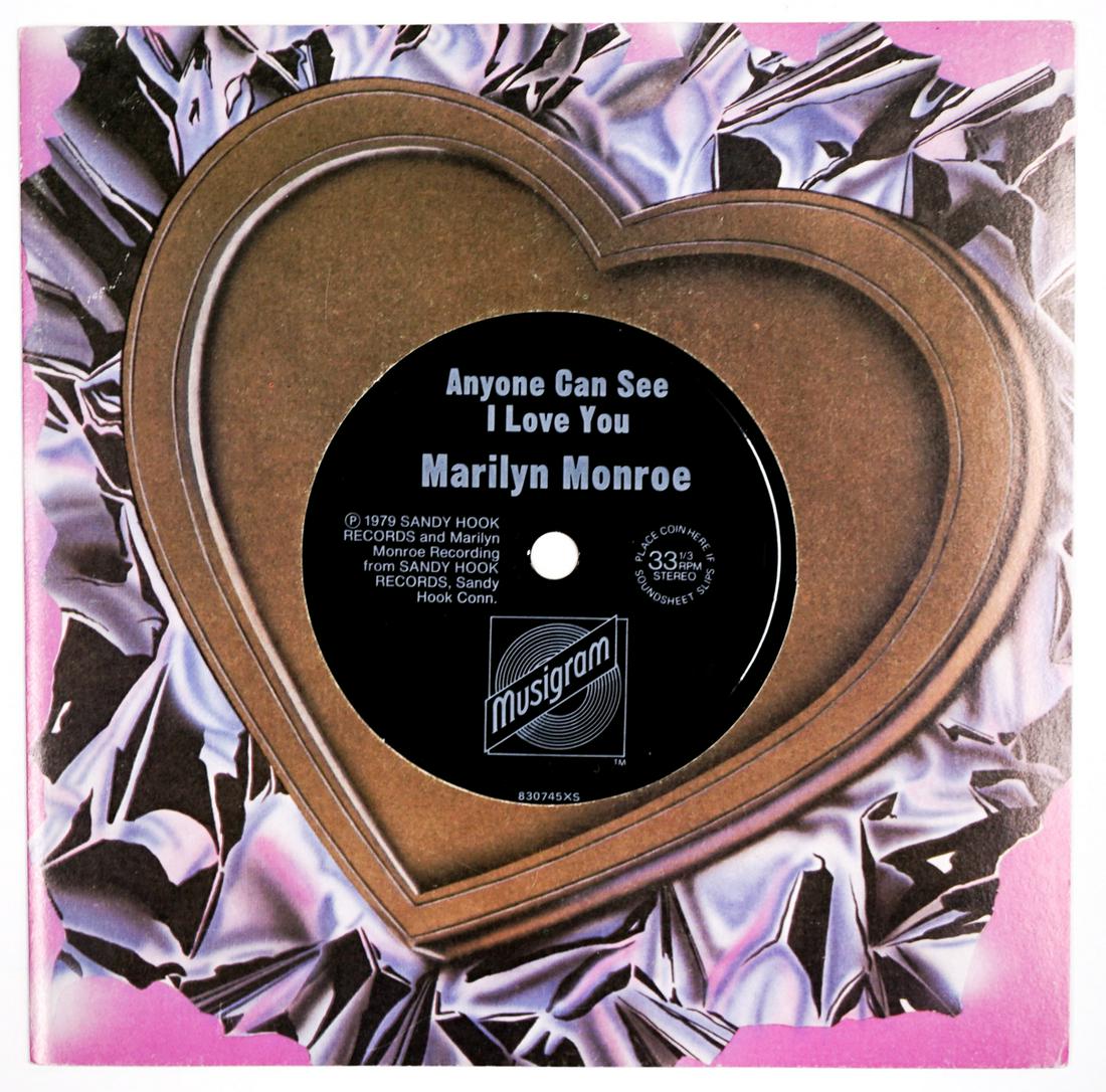 Marilyn Monroe Musigram 1983: Marilyn Monroe Anyone Can See I Love You. Musigram 1983. 33RPM. Never played. Card measures 6.375 in x 6.375 in. Provenance: William Emery Collection, Sheridan Wyoming. If lot is absent of a condition