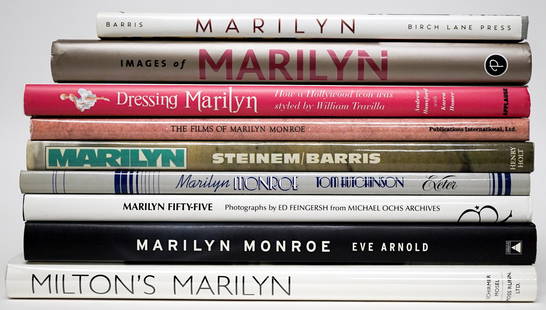 Marilyn Monroe (9) Books: Nine (9) books of Marilyn Monroe. Includes: Marilyn by George Barris; Milton's Marilyn; Monroe by Eve Arnold; and more. Group measures 12 in. x 11 in. x 6 in. Lightly used. Provenance: William Emery C