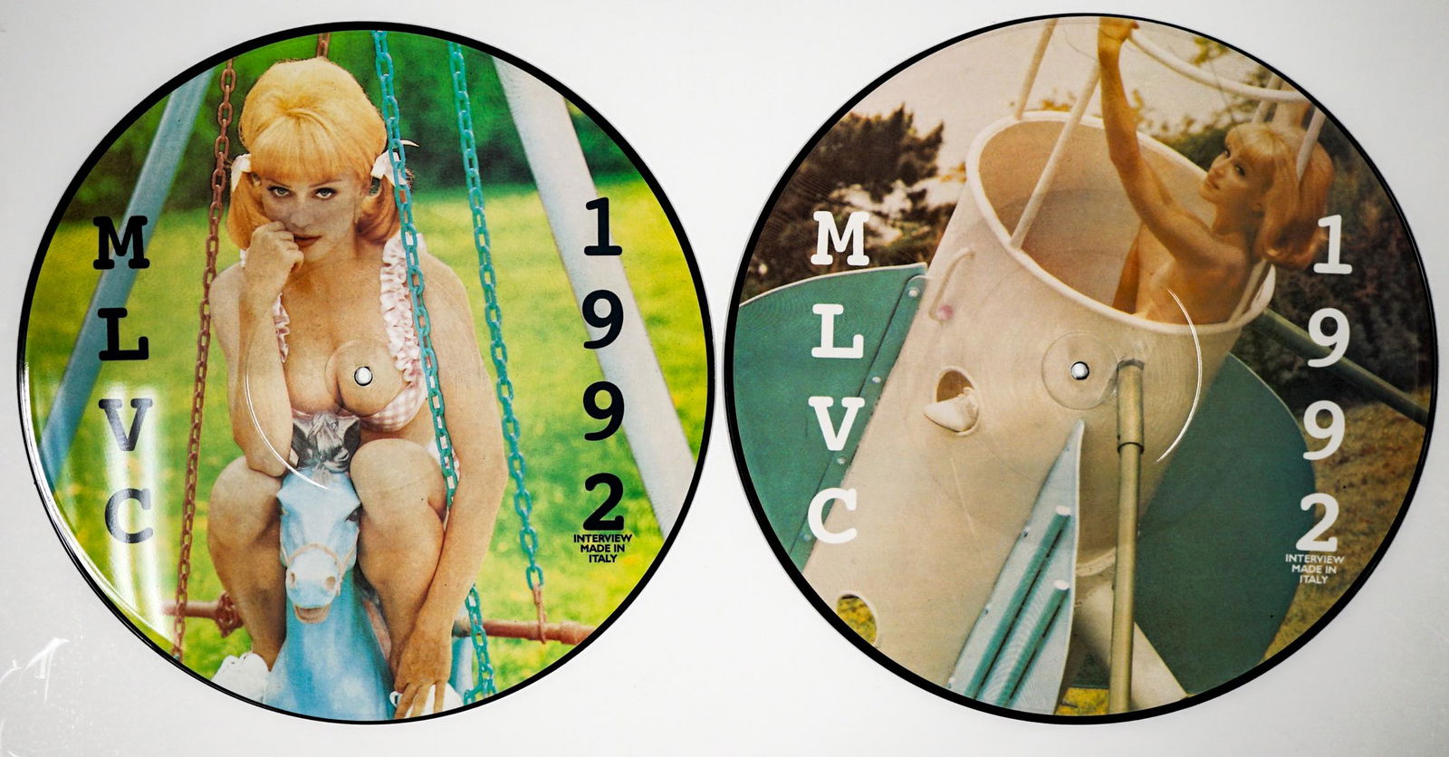 Madonna MLVC 1992 [J001 and J002}: Madonna MLVC 1992 J001 and J002. 12 inch picture discs. Appear slightly or never played. Provenance: William Emery Collection, Sheridan Wyoming. If lot is absent of a condition report one may be reque