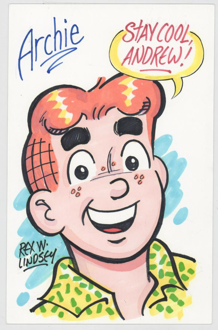 Rex W. Lindsey Original Watercolor [Archie]: Rex W. Lindsey original 'Archie' watercolor signed. Accompanied with Beckett COA. Measures 10.5 in. x 6.875 in. Provenance: William Emery Collection, Sheridan Wyoming. If lot is absent of a condition 
