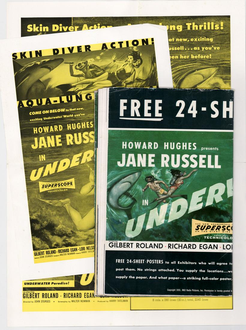 Jane Russell Underwater Campaign Book: Jane Russell Underwater Campaign Book [Howard Hughes]. Measures 14 in. x 18 in. and has been folded at center. Ad posters measure 16.5 in. x 11.75 in. and 22 in. x 16.25 in. and have been folded. Unfr