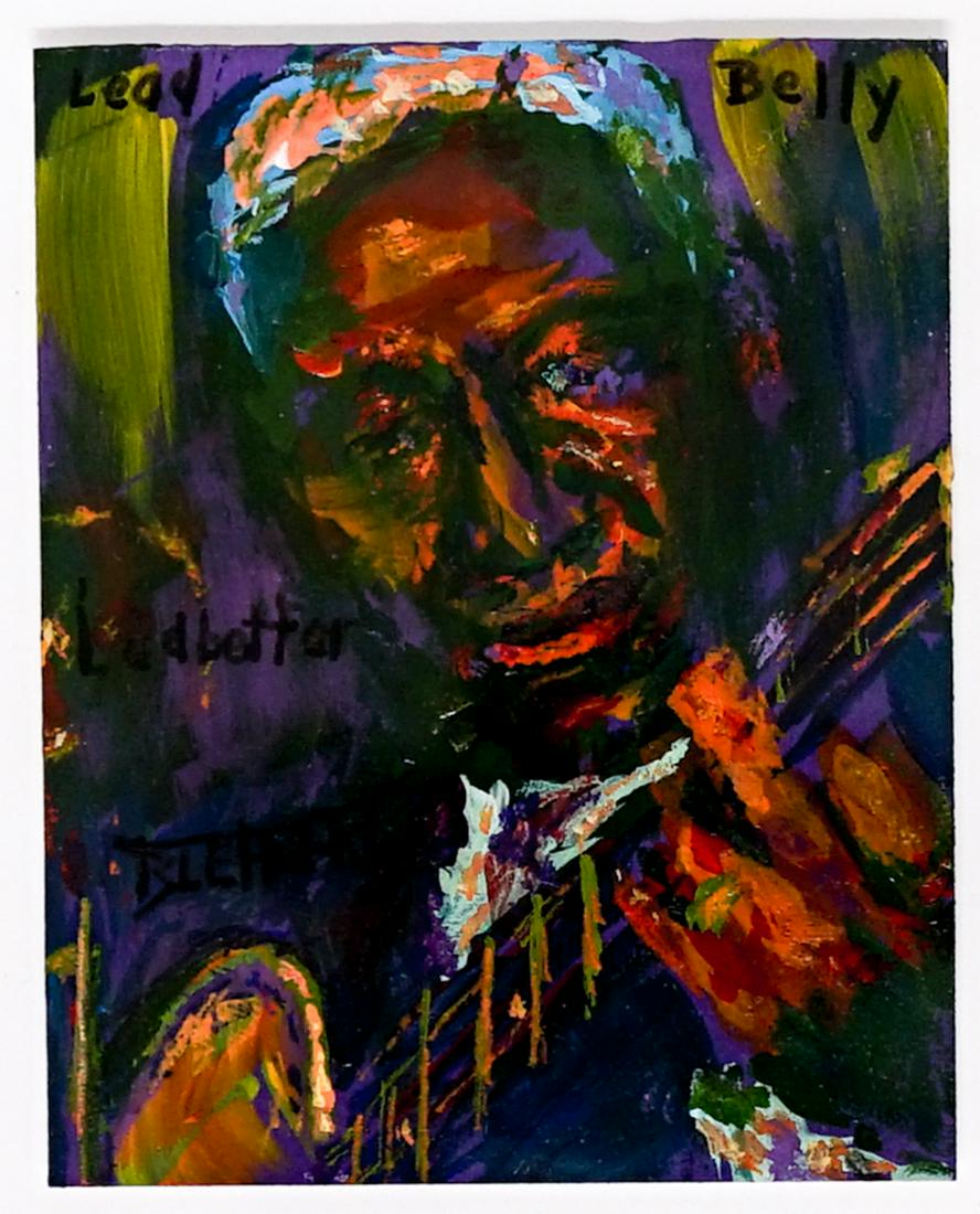 Robert Blehert Painting Lead Belly Ledbetter: Robert Blehert (Seattle, Washington) original oil on paper mounted of jazz artist Lead Belly Ledbetter. Gallery frame with glass measures 6.875 in. x 6.25 in. x 1.375 in. and the painting measures 3 i
