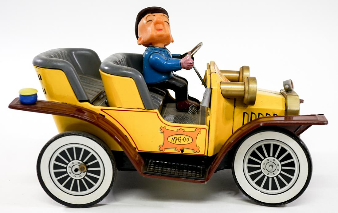 Mr. Magoo Battery Operated Car 1960's: Mr. Magoo battery operated car. Made in Japan. The front Wheel comes off and there is no top. Measures 9 in. x 5.25 in. x 6 in. Provenance: William Emery Collection, Sheridan Wyoming. If lot is absent
