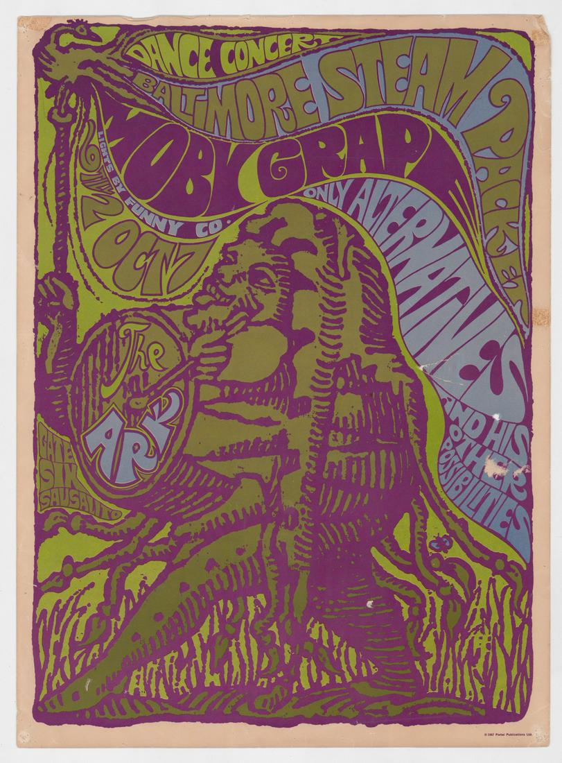 Moby Grape at The Ark, Sausalito, California: The Ark, Sausalito, California Moby Grape concert poster. Measures 22-in. x 16-in. Fair condition with overall toning, pinholes at corners and damage. If lot is absent of a condition report one may be