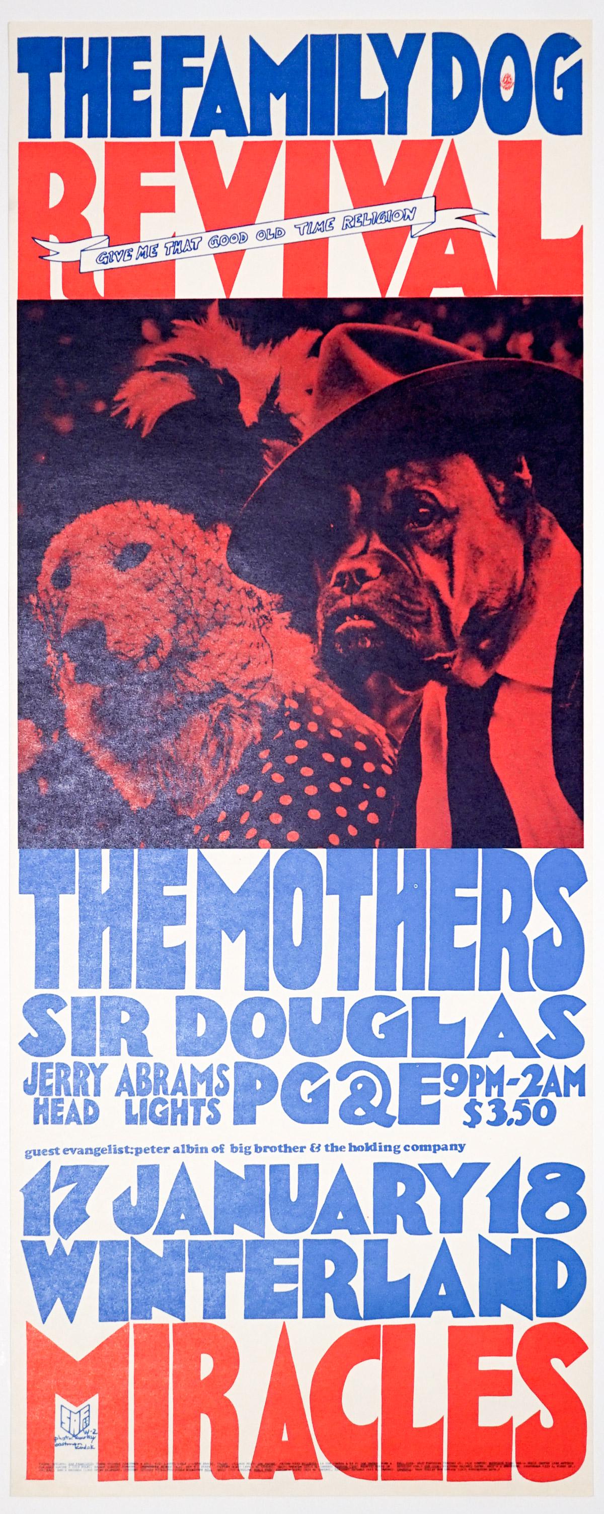 Family Dog Winterland poster FD-690117-OP-1: This is Family Dog Winterland poster FD-690117-OP-1. The dates are 1/17 & 18 1969. Two of the acts are the Mothers and Sir Douglas. It's in near mint condition. The size is 10.75-in. x 27.25-in. If lo