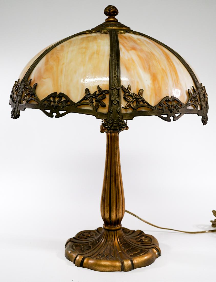 Antique 6 Panel Slag Glass Table Lamp (1 of 7)