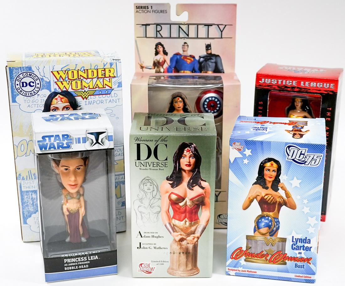 Wonder Woman Action Figures and Bust MIP: Wonder Woman and Princess Leia collectibles. All five are mint in packages. If lot is absent of a condition report one may be requested via email. Condition report is provided as an opinion only and i