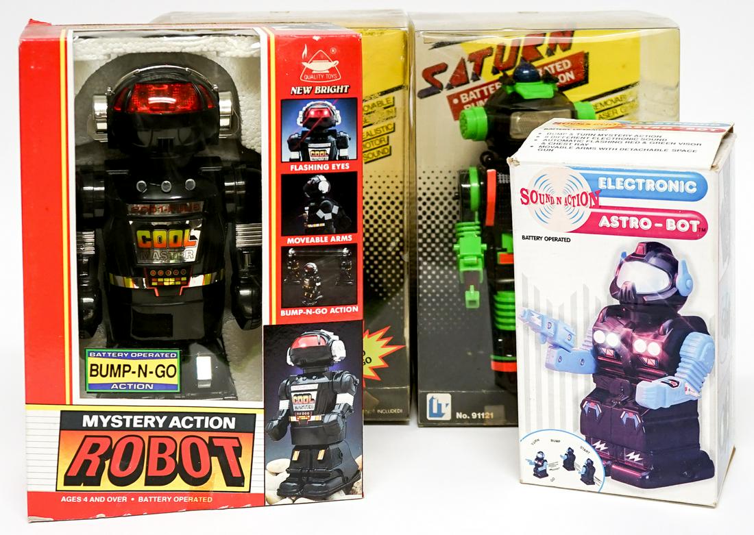 Group of Toy Robots: A group of toy robots (4). In boxes, untested. If lot is absent of a condition report one may be requested via email. Condition report is provided as an opinion only and is no guarantee as grading can