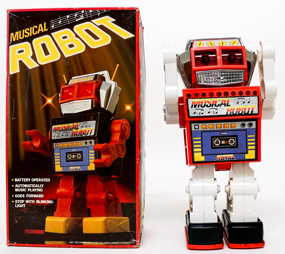 Musical Robot No. 1031M Hong Kong: Musical Robot # 1031M made in Hong Kong. TESTED and music plays with no instructions for movement? Box measures 12.5 in. x 7 in. x 4.25in. and is dusty with wear. If lot is absent of a condition repor