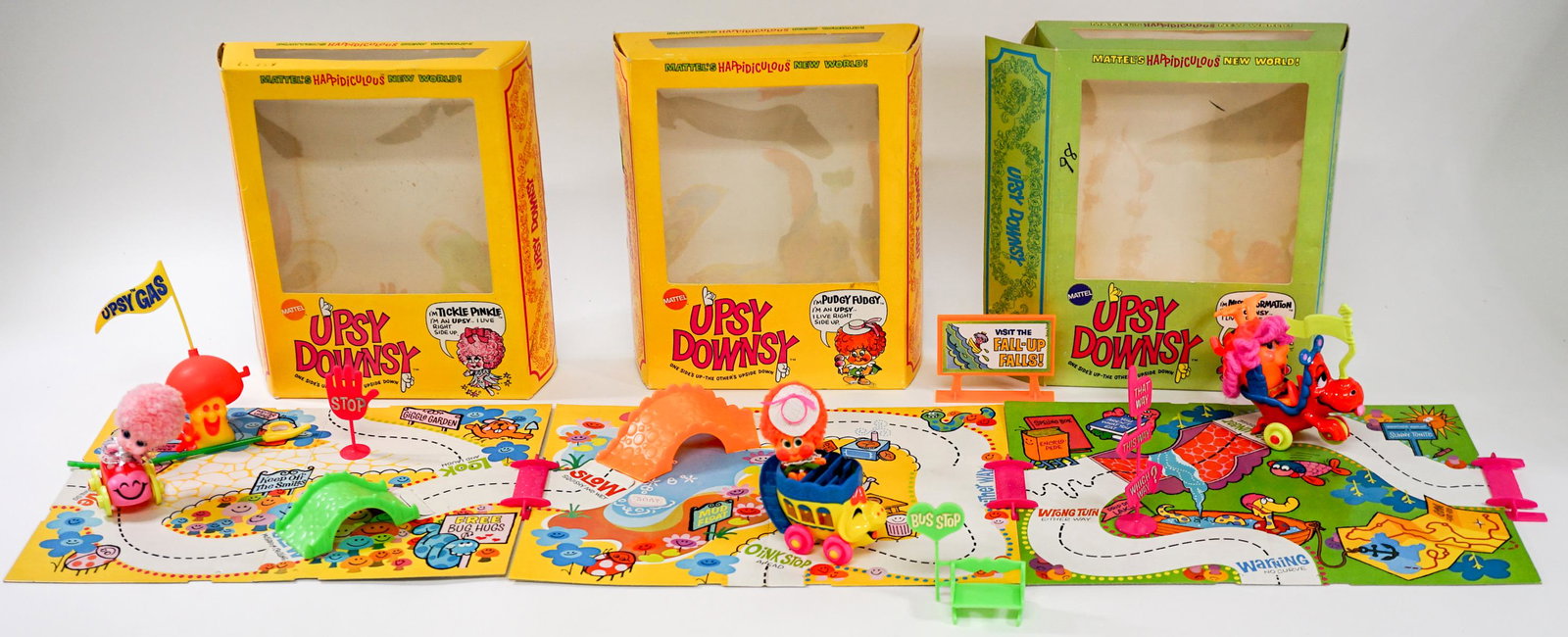 Mattel 1969 Upsy Downsy (3) Playsets: Three (3) Upsy Downsy playsets. Includes: Pudgy Fudgy; Miss Information; Tickle Pinkle. These each include original packaging, see photos, these were all opened and may be lacking pieces. If lot is ab