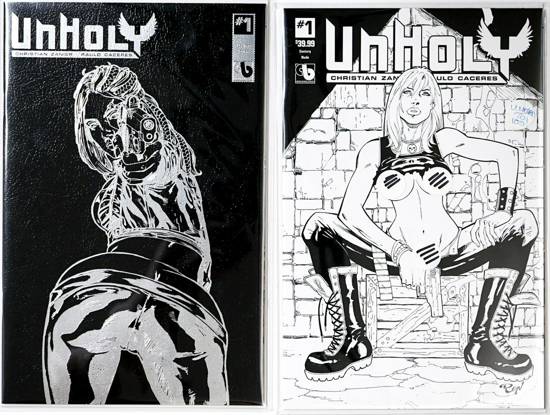 Unholy Comics (2): Unholy comics, one is (1:100), black leather and silver foil. NM-MT/MT, unread. Condition report is provided as a courtesy only and is in no way a guarantee as grading is subjective. If lot is absent 