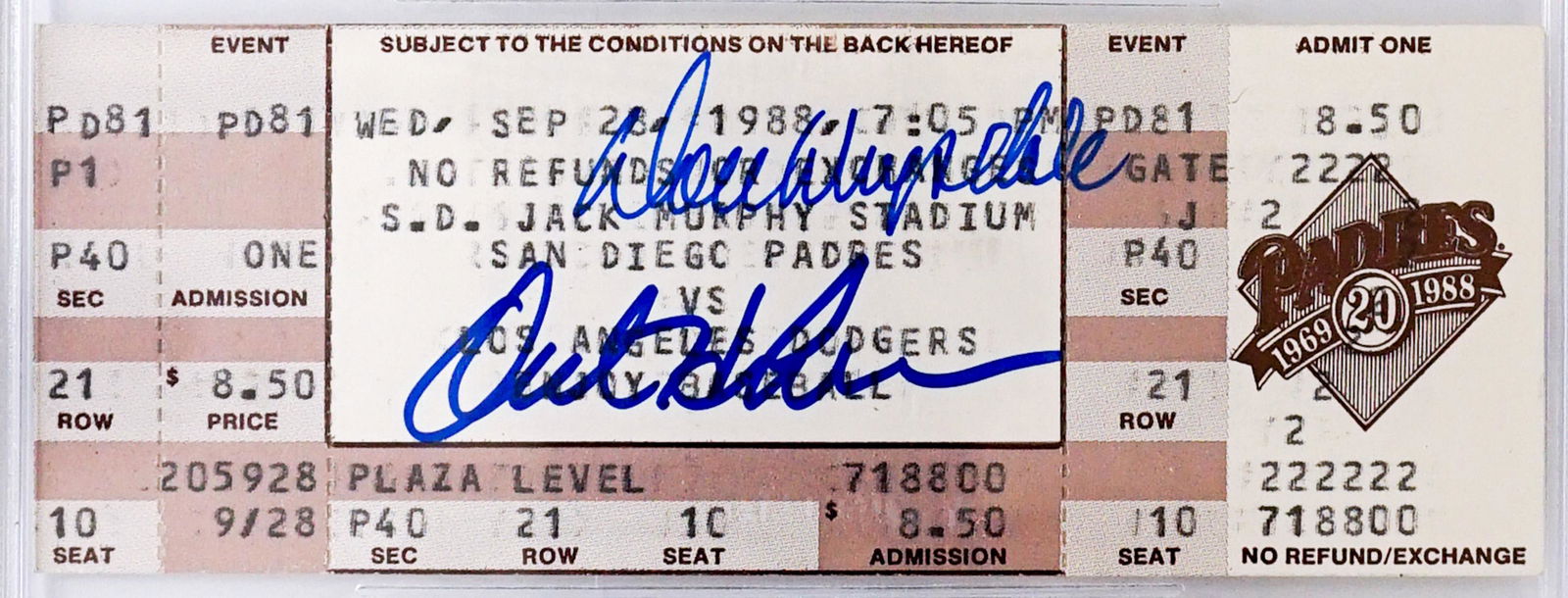Hershiser & Drysdale Signed Ticket Breaks Record: Orel Hershiser breaks Don Drysdale's scoreless innings record, September 28, 1988, ticket signed by Hershiser and Drysdale. NM-MT/MT. Authenticated and encapsulated by Beckett Authentication Services.