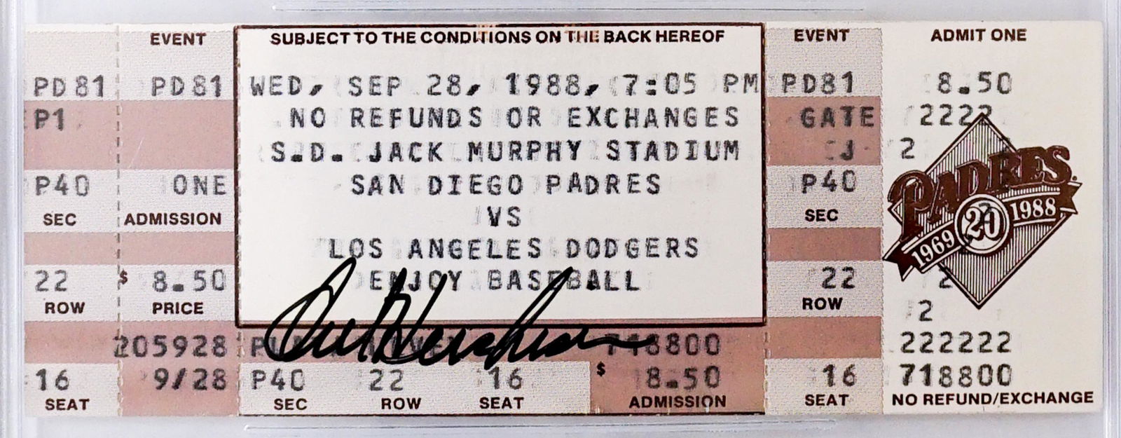Hershiser Breaks Drysdale's Record Signed Ticket: Orel Hershiser breaks Don Drysdale's scoreless innings record, September 28, 1988, signed ticket. NM-MT/MT. Authenticated and encapsulated by Beckett Authentication Services. Provenance: Estate of Tho