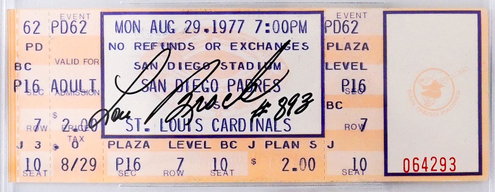 Lou Brock Breaks Cobb's Record Signed Ticket (1 of 3)