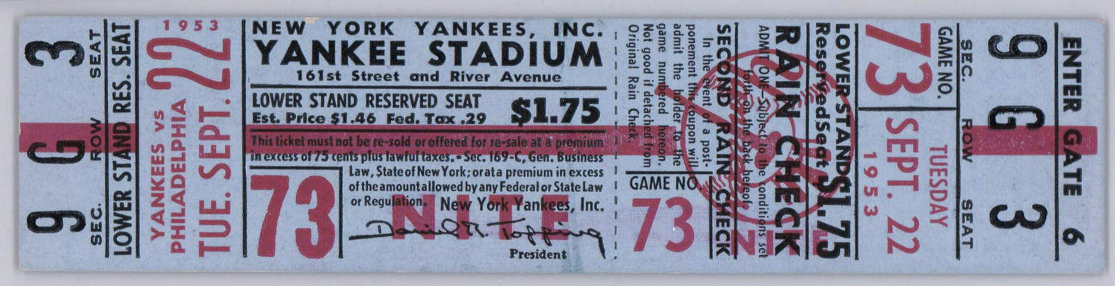 New York Yankees Full Ticket September 22, 1953 (1 of 2)