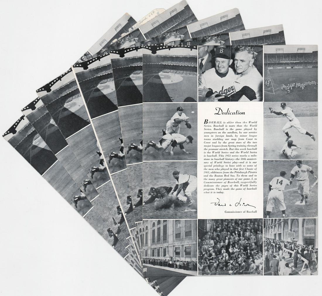 1953 World Series Scorecards by Harold Kaese: 1953 World Series scorecards scored by Harold Kaese of the Boston Globe. Kaese was elected to the Baseball Hall of Fame in 1976. If lot is absent of a condition report one may be requested via email. 