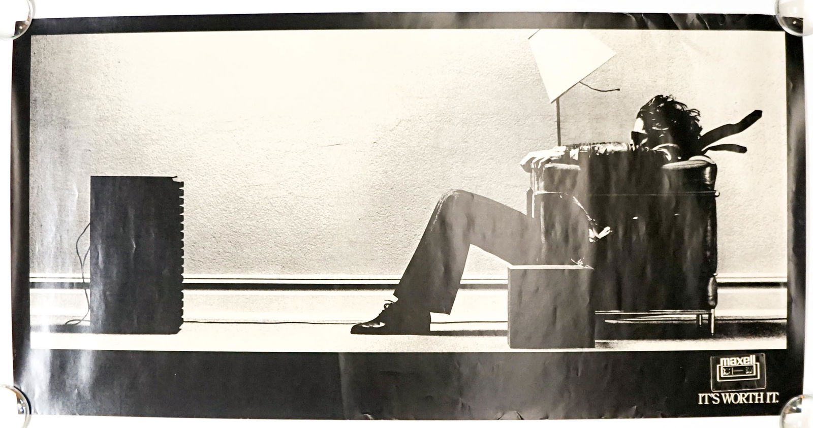 Original Maxell Blown Away Poster: Original Maxell Blown Away poster. Measures 22-in. x 44-in. G-VG/VG condition. Unframed, loose and not glued or mounted. If lot is absent of a condition report one may be requested via email. Conditio