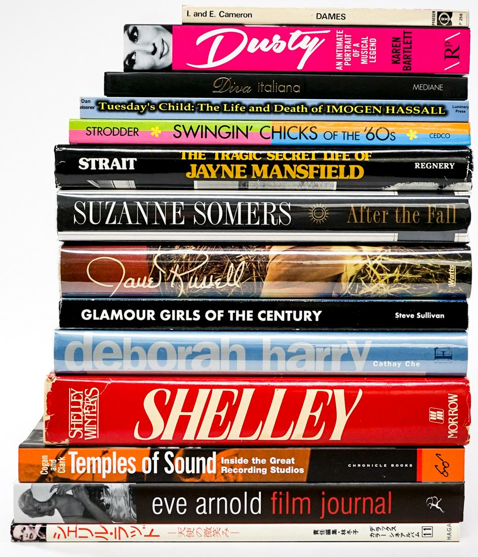 Celebrity (13) Non-Fiction Books [Photography]: Thirteen (13) hardcover and softcover books of celebrity autobiographies; photo-books and more. Includes: Eve Arden, Film Journal; Temples of Sound; The Tragic Secret Life of Jayne Mansfield and more.