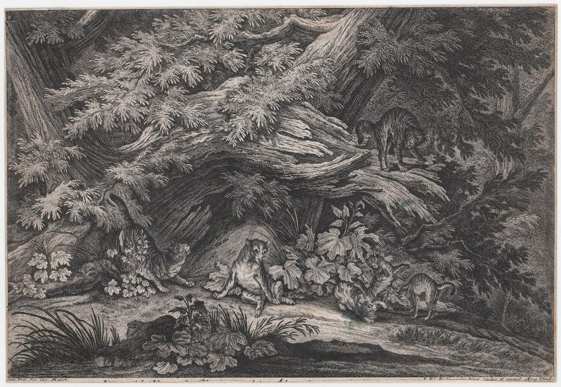 Johann Elias Ridinger (1690-1766) Engraving: Johann Elias Ridinger (1690-1766) Engraving. Measures 11-in. x 16-in. sheet size (trimmed from original state). Unframed, laid down. If lot is absent of a condition report one may be requested via ema