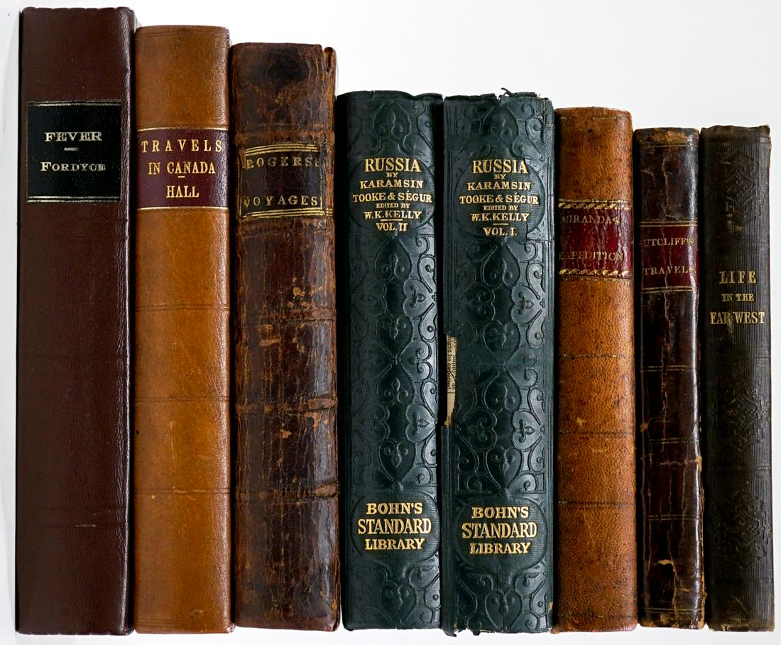 Antique and Vintage (8) Books [Travel]: Eight (8) antique and vintage books of travel, exploration and more. Includes: 1) Russia compiled by Walter K. Kelly. 2 volume set. 1875. Spine cover lifted on Volume I. 2) Travels in Canada by Hall.