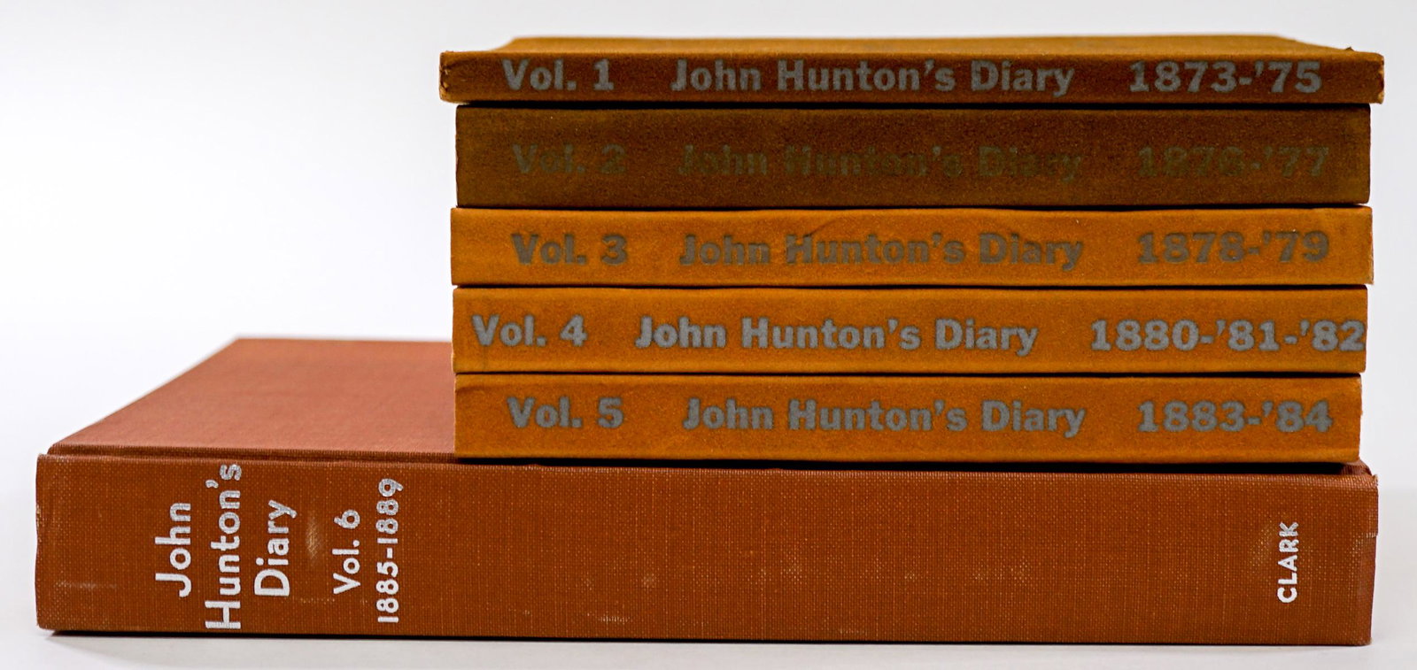 John Hunton's Diaries, Six Volumes: John Hunton's Diary, Volumes 1 thru 6 covering 1873 to 1889. Numbered volumes include: Vol 1 1158/1500, Vol 2 602/1500, Vol 3 867/1500, Vol 4 881/1500 and Vol 5 616/1500. All in VG/VG+ condition. If l