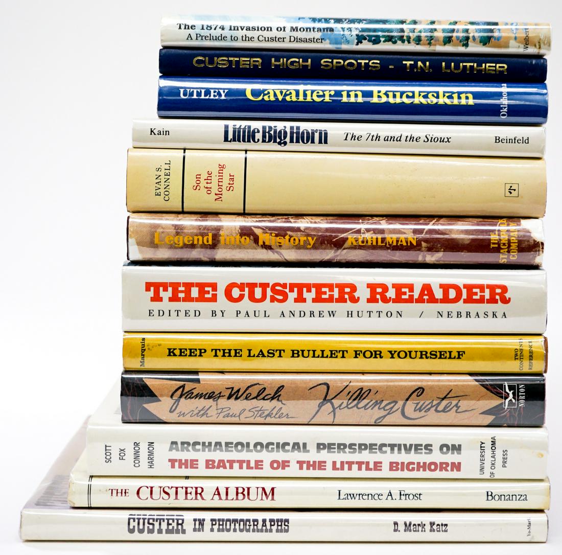 Custer (12) Books [1874 Invasion by Weibert]: Twelve (12) books of Custer. Includes: 1) Custer High Spots by Tal Luther. 1972. 2) Killing Custer by James Welch. 1994. 3) Son of the Morning Star by Evan Connell. 1984. 4) 1874 Invasion of Montana b