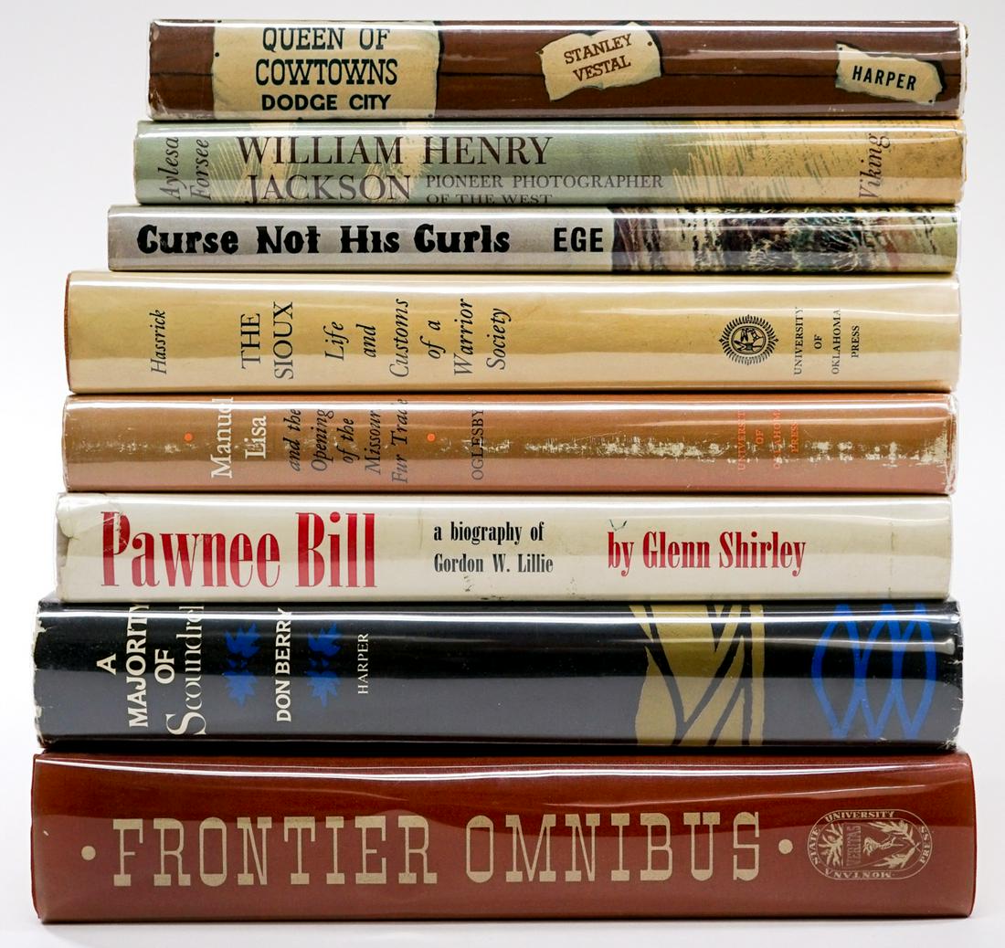 Western Americana (8) Books [Pioneers; Native]: Eight (8) books of Western Americana. Native Americans; Pioneers. Includes: 1) The Sioux by Royal B. Hassrick. 1964 with unclipped dust jacket. 2) Queen of Cowtowns Dodge City by Stanley Vestal. 1952 