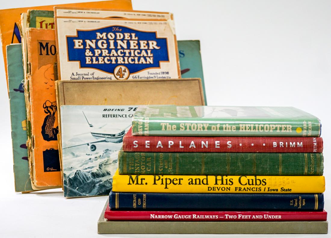 Vintage (13) Books and Brochures [Planes]: Fifteen (15) vintage books and brochures of airplanes, cars and more. Includes: A Book of Airplanes by The Two Taylors; Little Harry's First Journeys children's book of Trains Trams and Steamers (fron