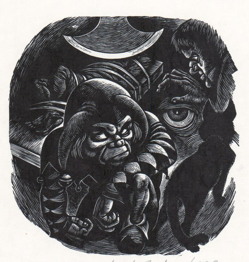 Fritz Eichenberg Signed Wood Engraving: Fritz Eichenberg Signed Wood Engraving [Tales of Edgar Allan Poe-Part 6-Vignette with Dwarf]. Measures 3.5-in. x 3.5-in. image size. Near Mint/Mint condition. Provenance: Formerly estate of artist (Fr