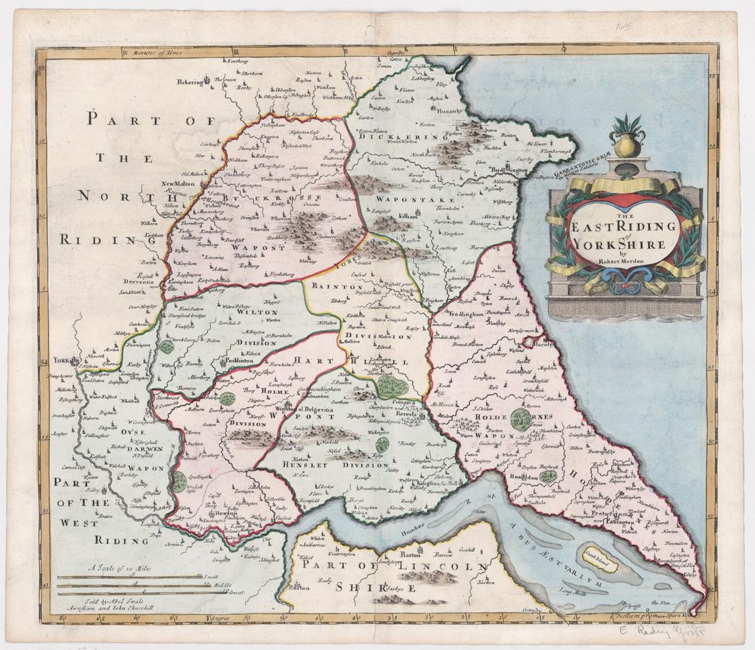1695 East Riding of Yorkshire by Robert Morden: 1695 East Riding of Yorkshire by Robert Morden. Measures 14.25-in. x 16.75-in. Unframed, loose and not glued or mounted. If lot is absent of a condition report one may be requested via email. Conditio