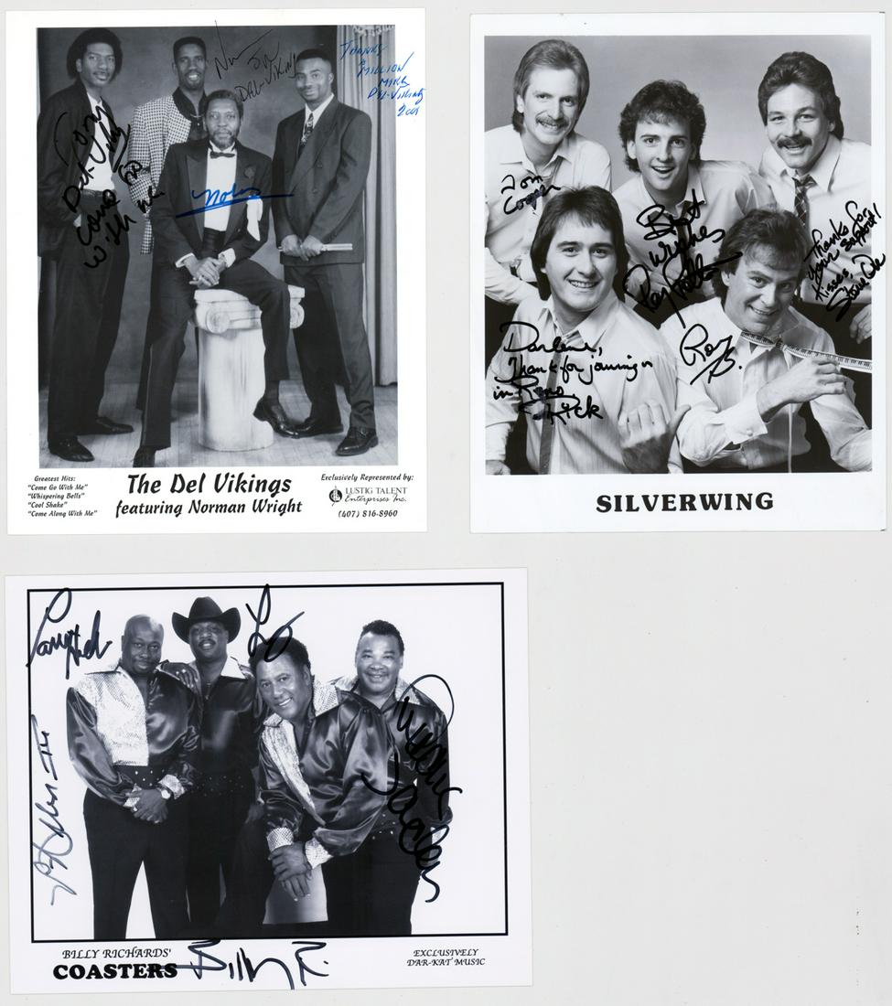 Vocal (3) Groups Photos Signed: Three (3) photos of vocal groups all signed. Includes: Billy Richards' Coasters; The Del Vikings and Silverwing. Measure 8 in. x 10 in. and 10 in. x 8 in. glossy and semi-glossy promotional photos. If