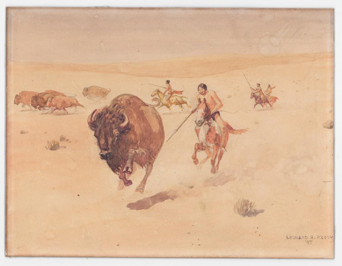 Leonard H. Reedy Original Watercolor: Leonard H. Reedy Original Watercolor. Measures 8.5-in. x 11-in. Unframed and mounted. If lot is absent of a condition report one may be requested via email. Condition report is provided as an opinion 