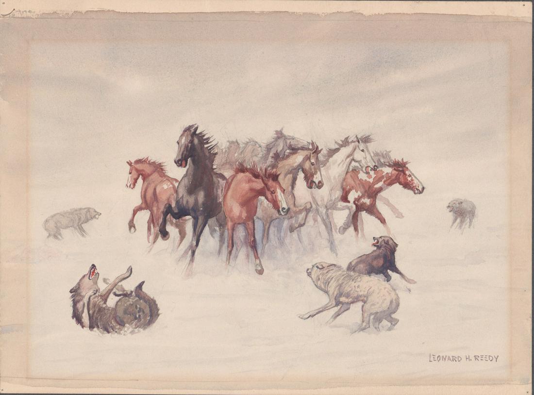 Leonard H. Reedy Original Watercolor: Leonard H. Reedy Original Watercolor. Measures 8.5-in. x 12-in. image size. Unframed and mounted. If lot is absent of a condition report one may be requested via email. Condition report is provided as