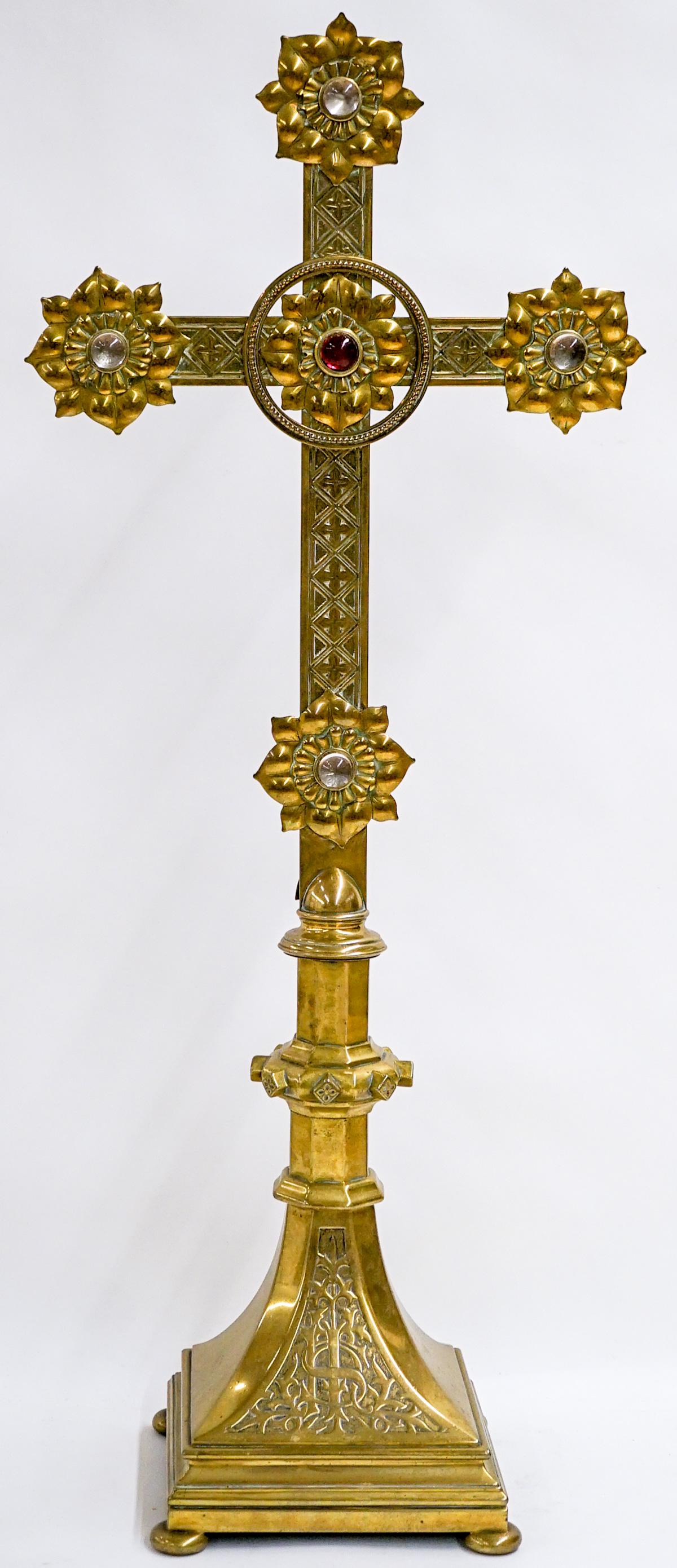 Antique Brass Jeweled Altar Cross 42.75 Inches (1 of 8)