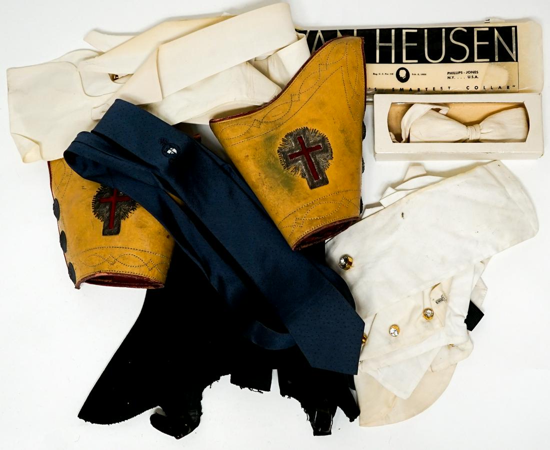 Vintage Men's Dress Accessories: A grouping of vintage men's dress accessories. Includes: Masonic Mason leather cuffs; Beau Brummel tie; cuff-links with rhinestones; Van Heusen collar stays (these have been opened and each pkg has on