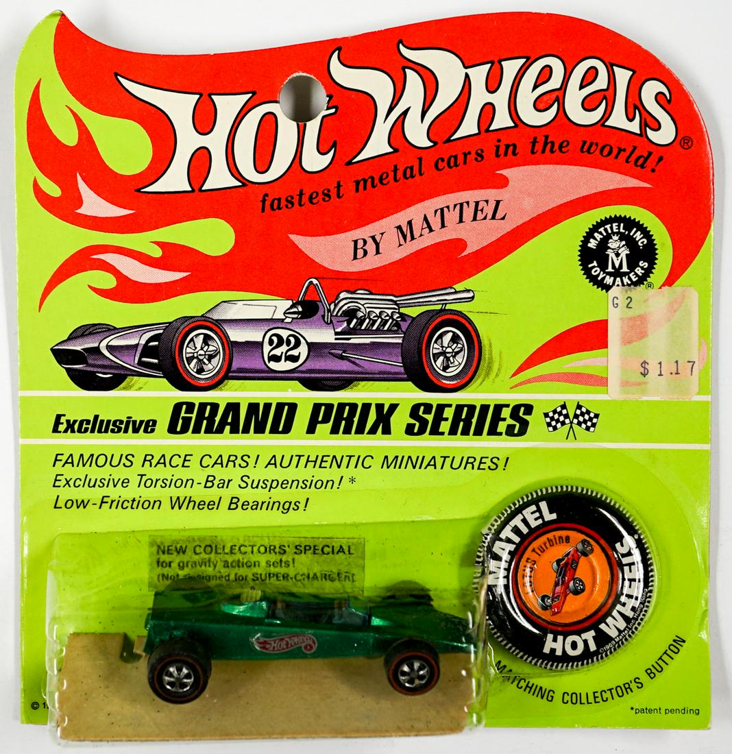 Hot Wheels Redline Lotus Turbine: Hot Wheels Redline Lotus Turbine (Green exterior, Brown interior, 1969) on Blister Card. Just found boxed after 50+ years of safe covered box storage. Car is near mint with zero fading, some paint fla