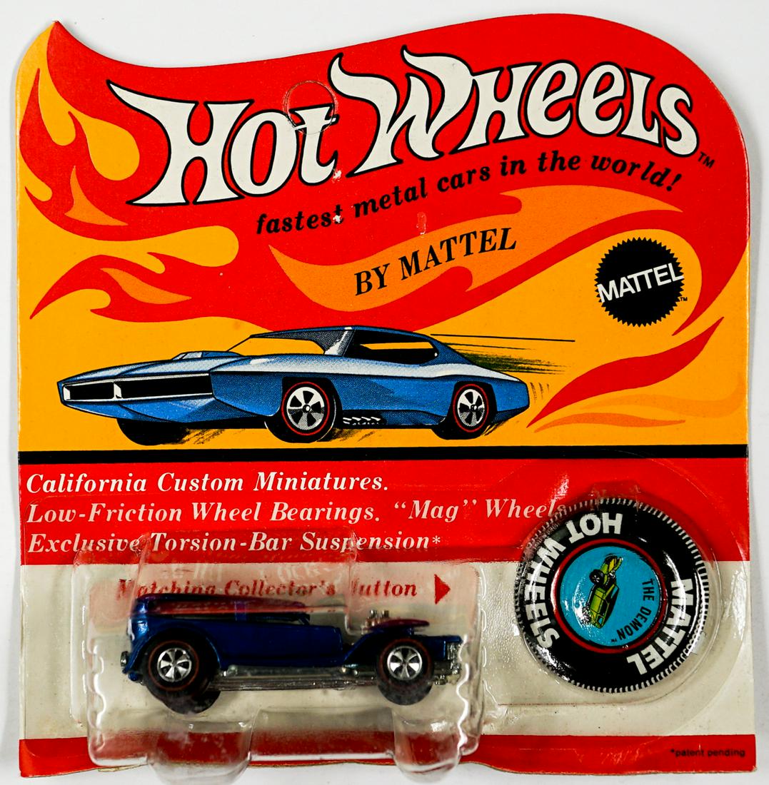 Hot Wheels Redline The Demon on Blister: Hot Wheels Redline The Demon (Blue exterior, Brown interior, 1970) on Blister Card. Just found boxed after 50+ years of safe covered box storage. Car is mint with zero fading and has rarely been expos