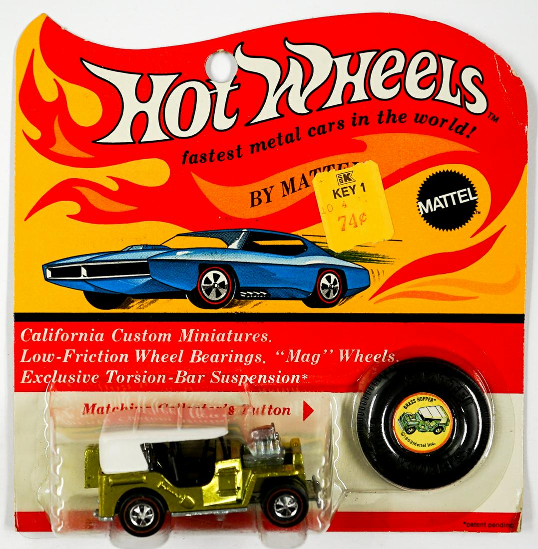 Hot Wheels Redline Grass Hopper on Blister: Hot Wheels Redline Grass Hopper (Yellow exterior, Black interior, 1971) on Blister Card. Just found boxed after 50+ years of safe covered box storage. Car is mint with zero fading and has rarely been