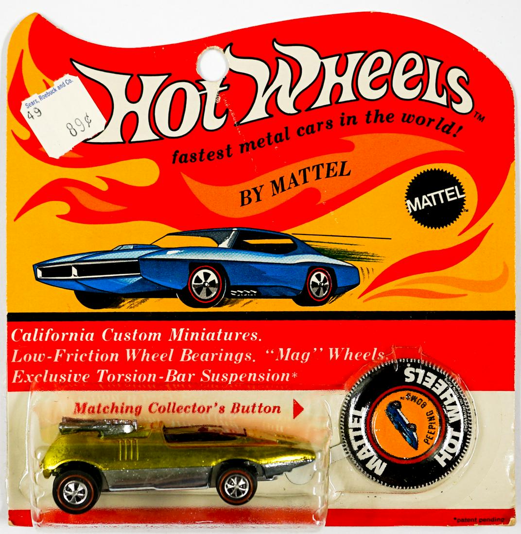 Hot Wheels Redline Peeping Bomb on Blister: Hot Wheels Redline Peeping Bomb (Yellow exterior, Black interior, 1970) on Blister Card. Just found boxed after 50+ years of safe covered box storage. Car is mint with zero fading and has rarely been