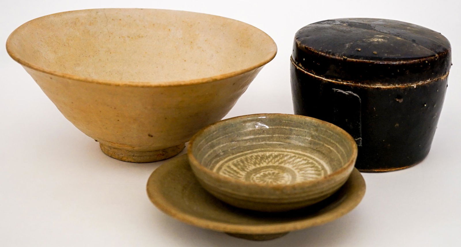 [Korean, Asian] Antique Pottery: [Korean, Asian] Antique Pottery measuring 1.25-in. x 4-in. to 3.25-in. x 7.75-in. Gifted to previous owners forty plus years ago by Korean antiques dealer Sun Weitz.. If lot is absent of a condition r