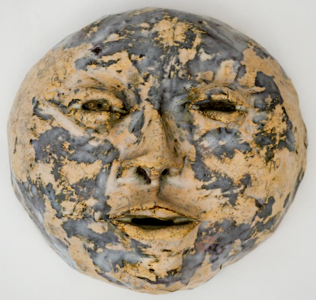 James Melchert Pottery Face Plaque: James Melchert Pottery Face Plaque. Signed and dated verso. Provenance: From the estate of brother of artist. Measures 6.75-in. x 6.75-in. x 3.5-in. If lot is absent of a condition report one may be r