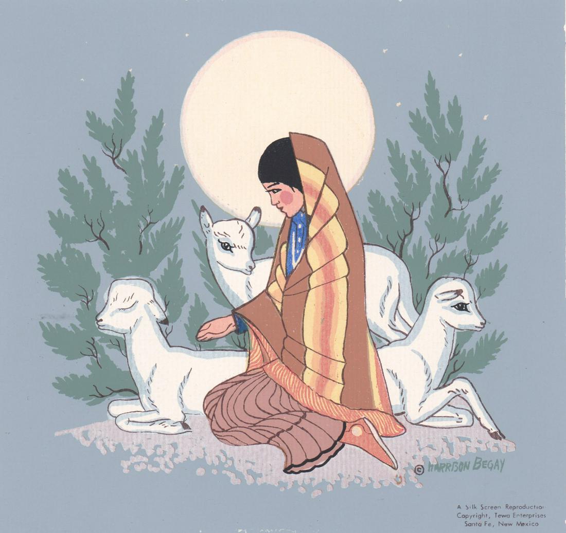 Harrison Begay Silk Screen Print: Harrison Begay Silk Screen Print. Measures 6-in. x 6.5-in. Unframed, loose and not glued or mounted. Excellent condition. If lot is absent of a condition report one may be requested via email. Conditi