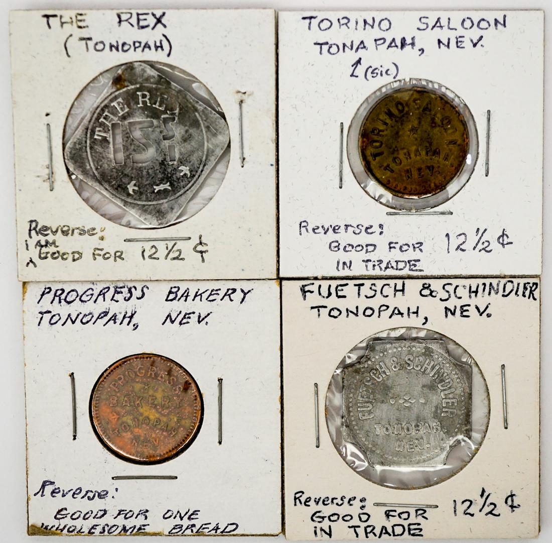 [Tonopah, Nevada] Scarce Tokens (4): [Tonopah, Nevada] Scarce Tokens (4). Includes The Rex, Torino Saloon, Fuetsch & Schindler and Progress Bakery. If lot is absent of a condition report one may be requested via email. Condition report i