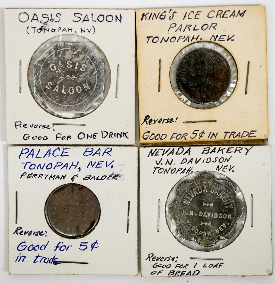 [Tonopah, Nevada] Scarce Tokens (4): [Tonopah, Nevada] Scarce Tokens (4). Includes King's Ice Cream, Oasis Saloon, Palace Bar and Nevada Bakery, J.N. Davidson. If lot is absent of a condition report one may be requested via email. Condit