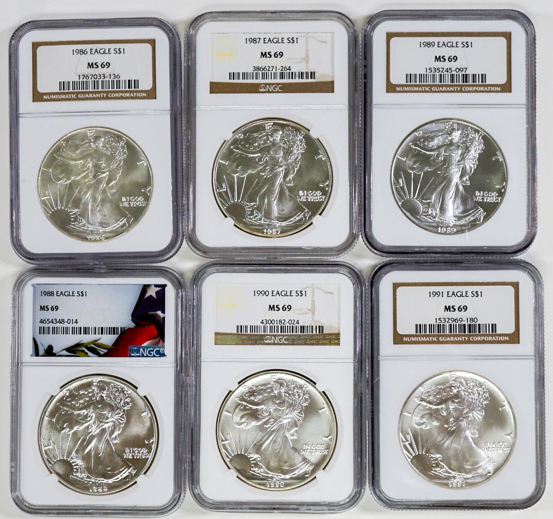 (6) 1986-1991 Silver American Eagles MS 69: (6) 1986-1991 Silver American Eagles MS 69. This lot requires a Wire or Zelle transfer. If lot is absent of a condition report one may be requested via email. Condition report is provided as an opinio