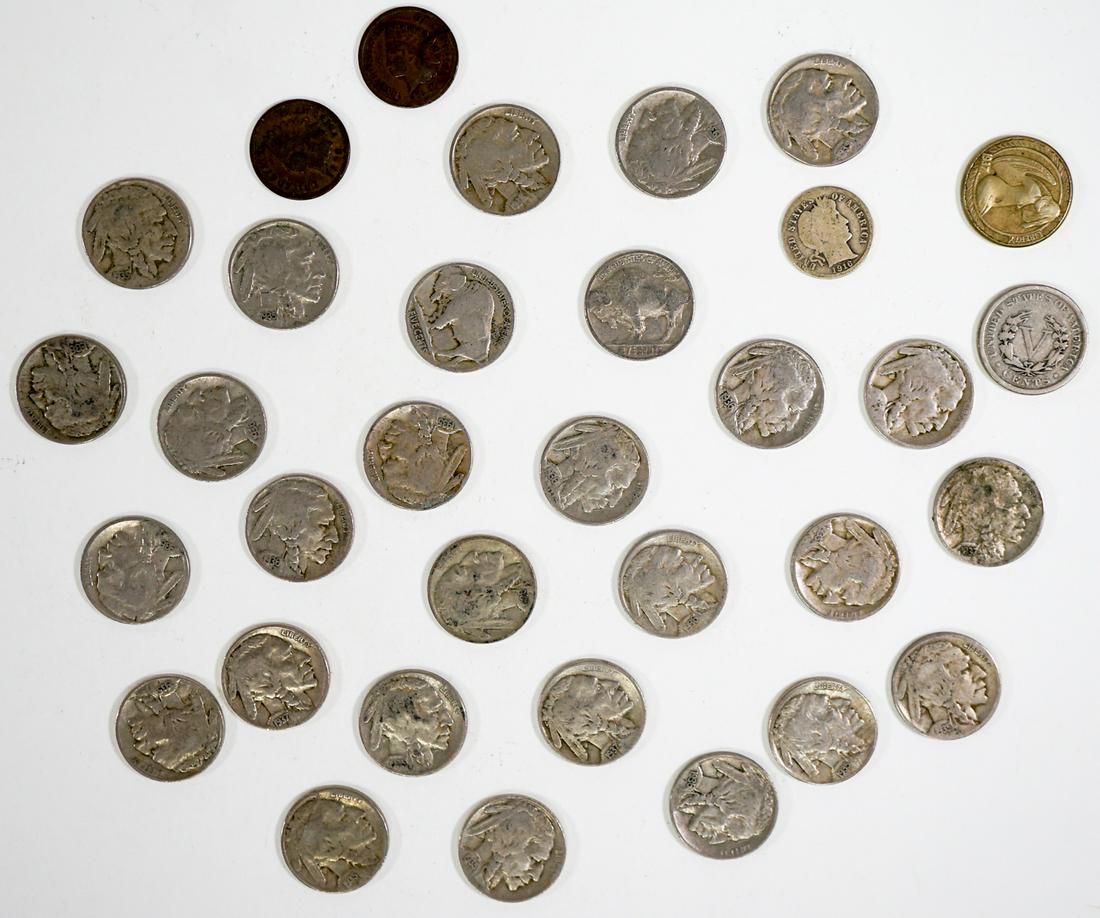 Buffalo Nickels, other Antique U.S. Coins: (29) Buffalo nickels, one a Hobo nickel, (2) Indian Head cents 1887 and 1893, 1916 dime and 1907 V nickel. (6) U.S. Peace Silver Dollars. This lot requires a Wire or Zelle transfer. If lot is absent o