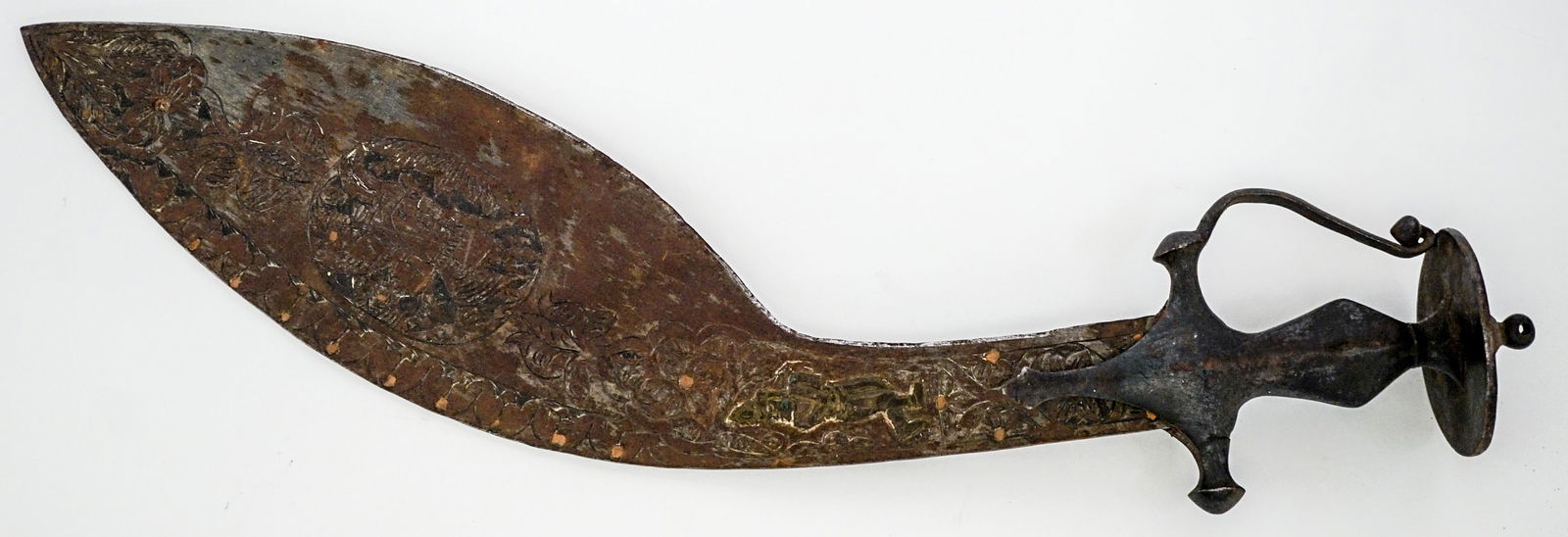 Antique Engraved & Embossed Kukri Dagger: Measures 20.5 inches in length. If lot is absent of a condition report one may be requested via email. Condition report is provided as an opinion only and is no guarantee as grading can be subjective.